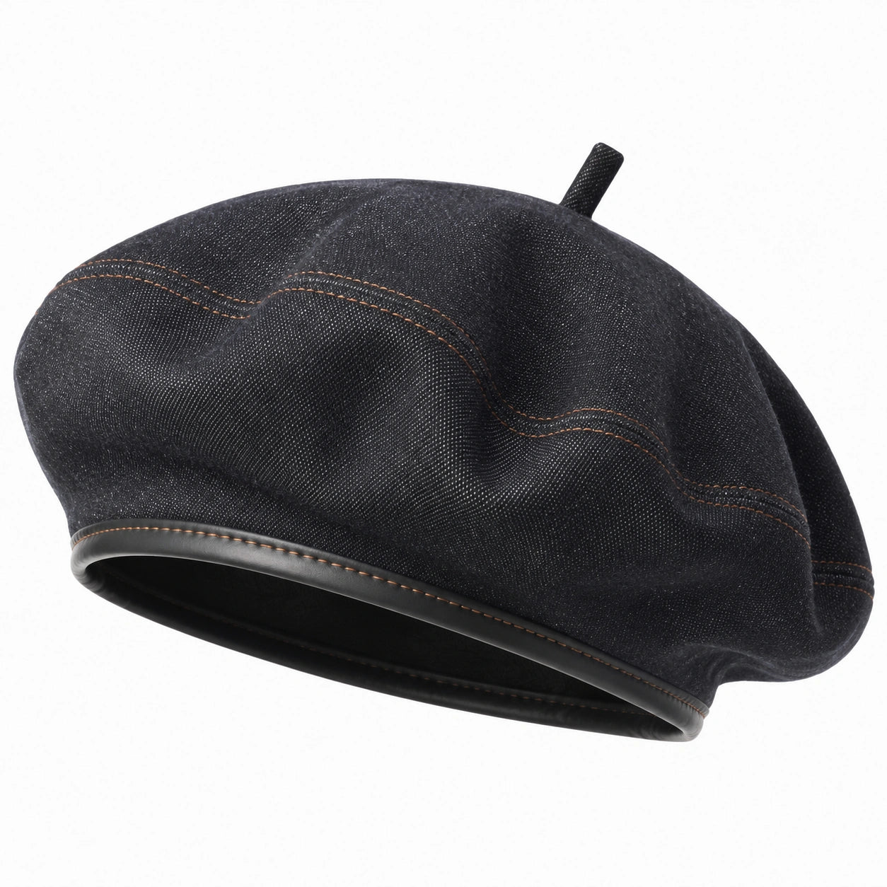 Berretto basco taglia unica in denim nero con bordo effetto pelle stile casual