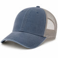 Cappellino trucker taglia unica in tessuto blu con rete beige e visiera curva