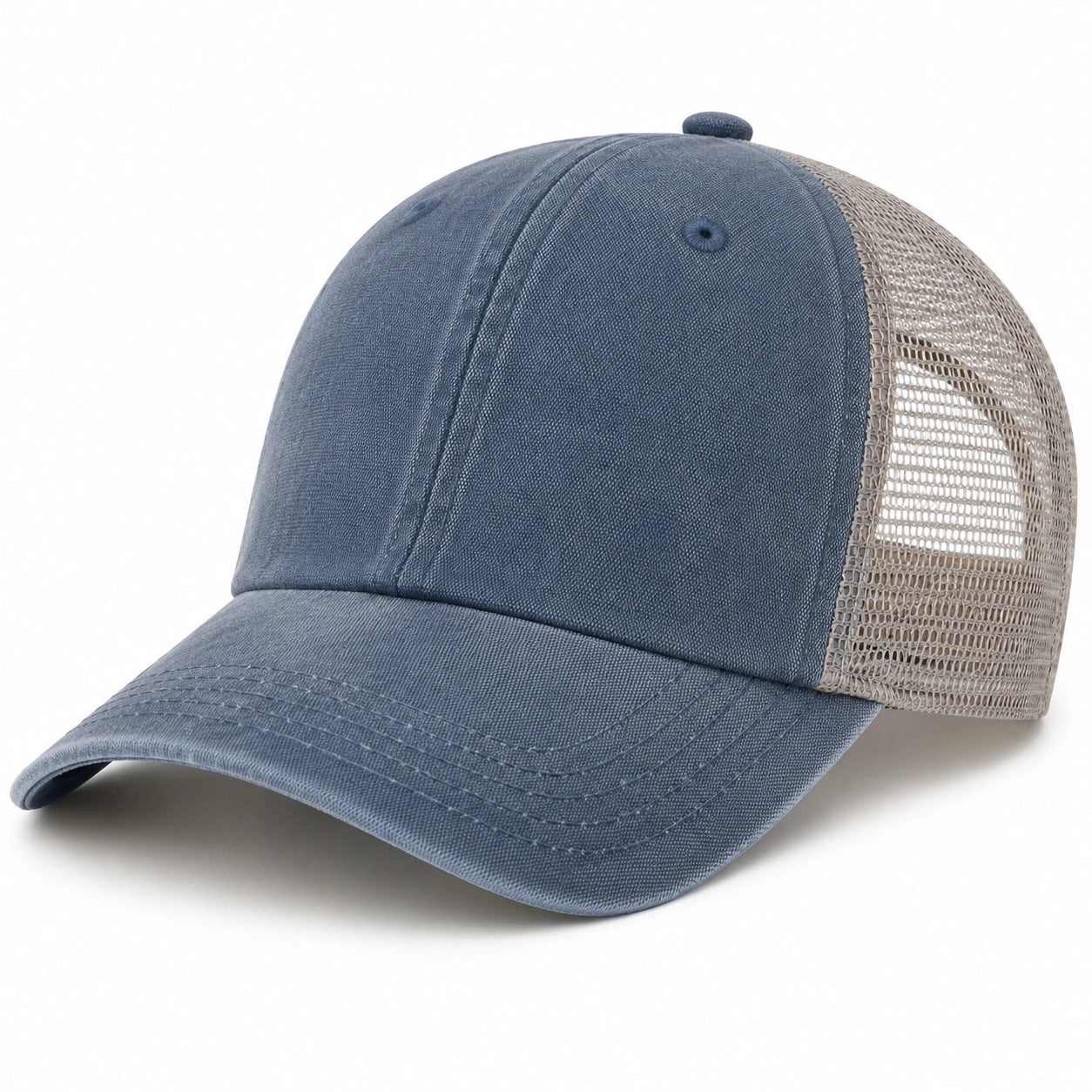 Cappellino trucker taglia unica in tessuto blu con rete beige e visiera curva