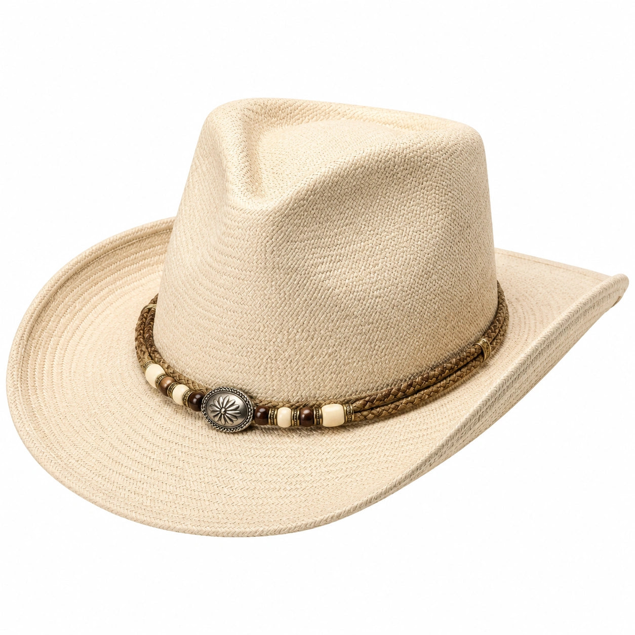 Cappello western taglia unica in paglia beige con fascia decorativa