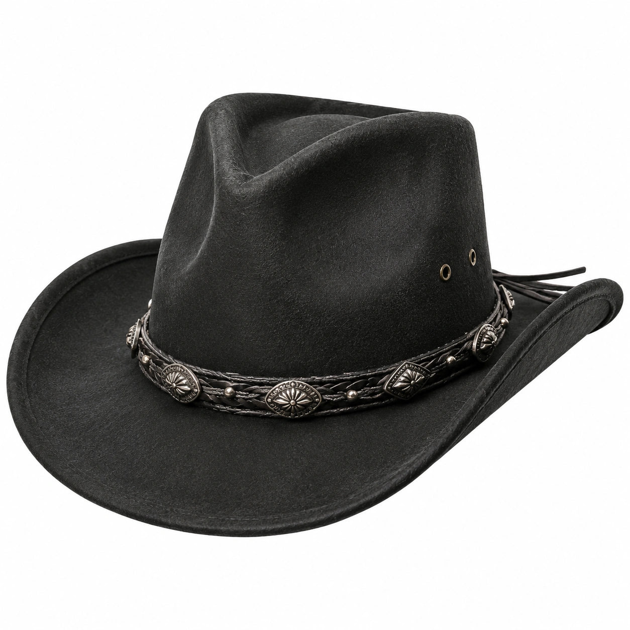 Cappello western taglia unica in materiale sintetico nero con fascia decorativa