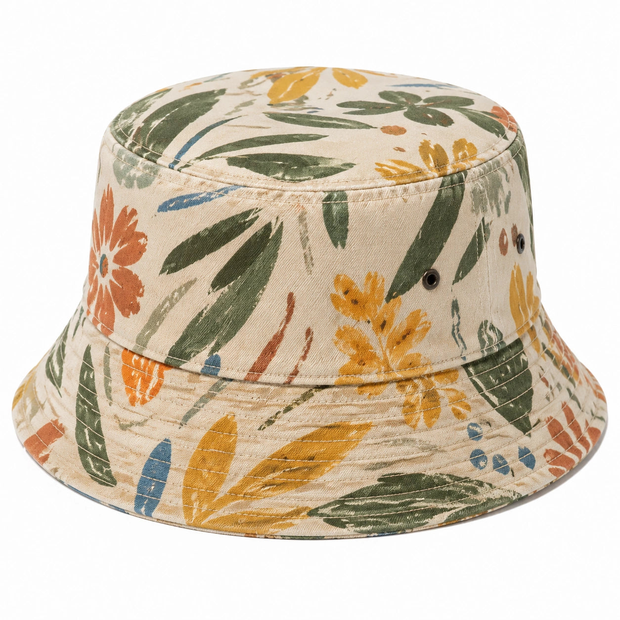 Cappello da pescatore taglia unica in tessuto beige con stampa floreale - tesa ampia traspirante